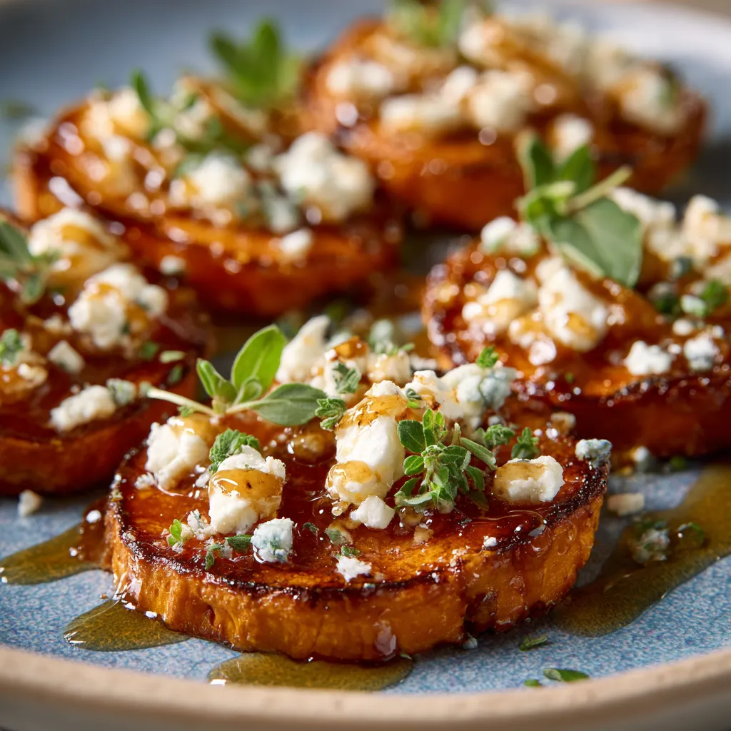 Sweet potato with blue cheese and drizzle.