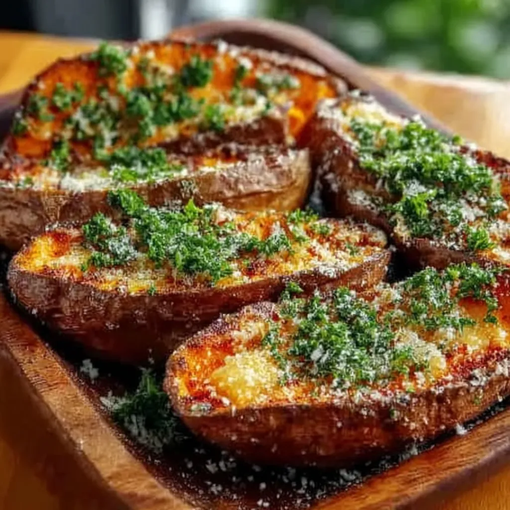 A wooden platter with potatoes and herbs.
