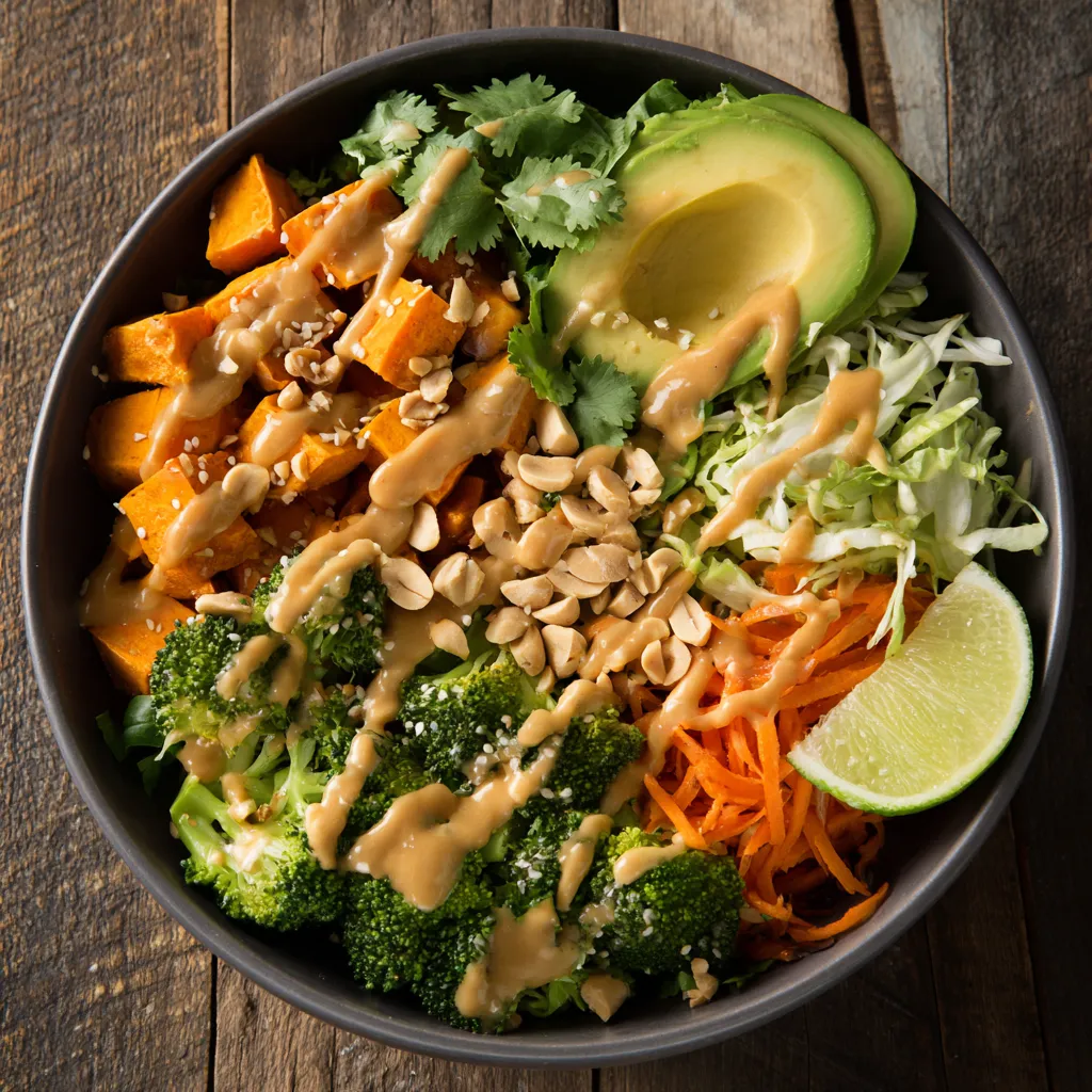A bowl of food with a salad and a dressing.
