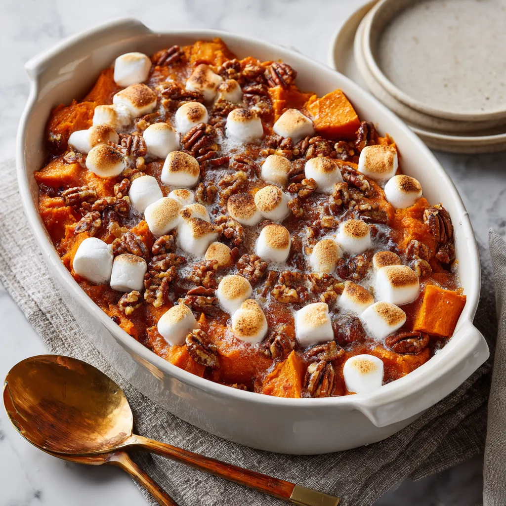 A bowl of food with marshmallows on top.