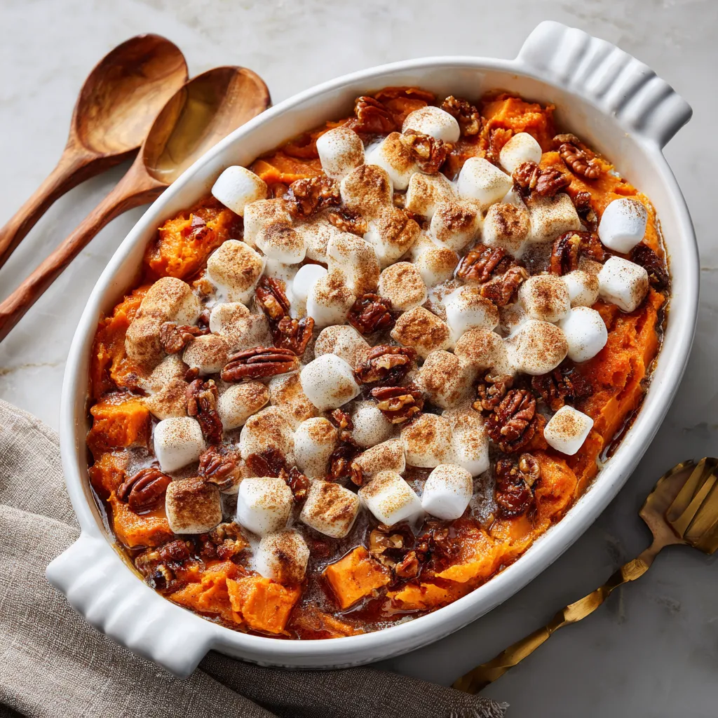 A bowl of food with marshmallows and pecans.