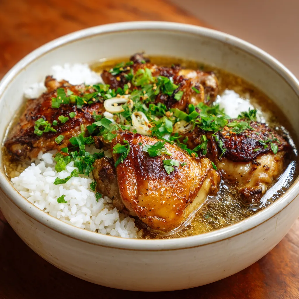 A bowl of rice with chicken and vegetables.