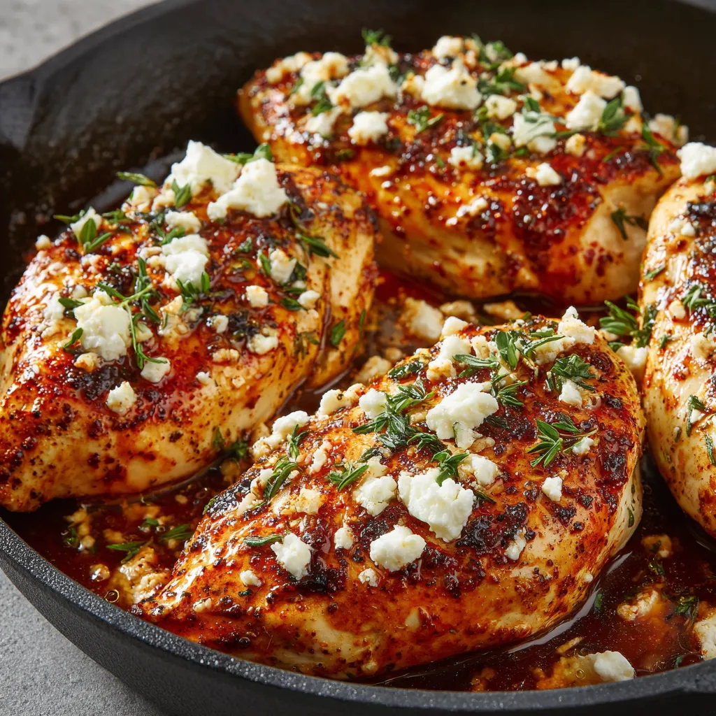 Chicken with feta cheese and red peppers.