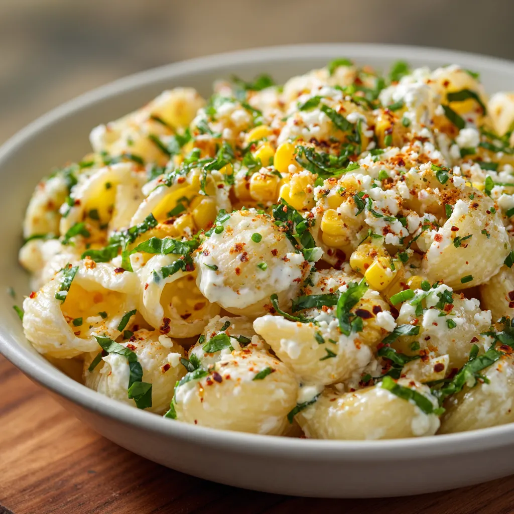 A bowl of pasta with cheese and corn.