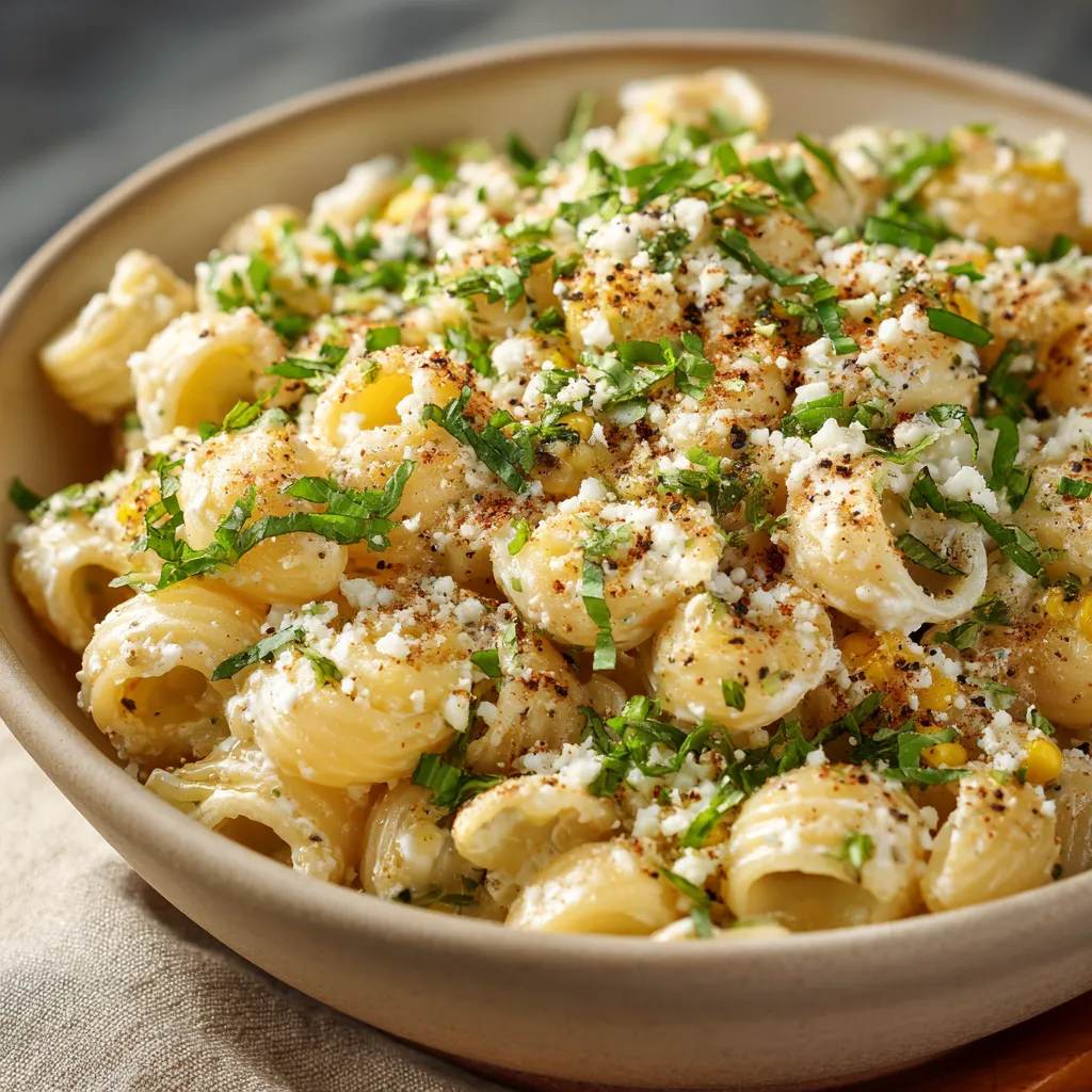 A bowl of pasta with cheese and herbs.