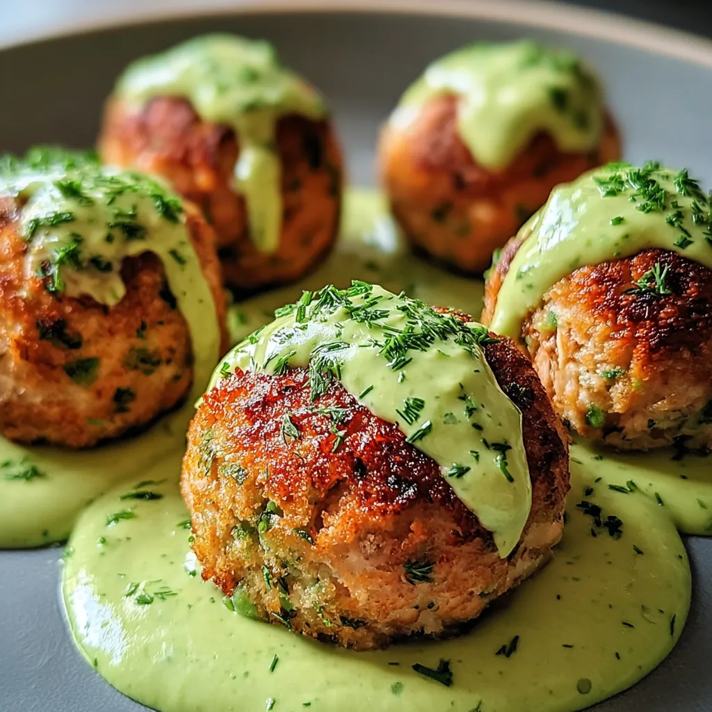 A plate of meatballs with green sauce.