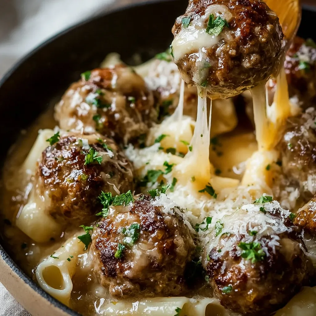 A bowl of pasta with meatballs and cheese.
