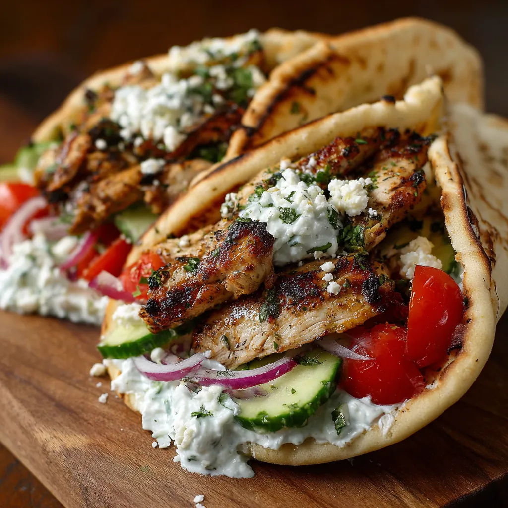 A sandwich with chicken, tomatoes, cucumbers, and feta cheese.