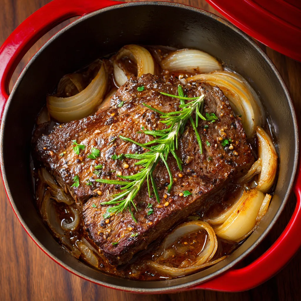 A pot of beef with onions and herbs.