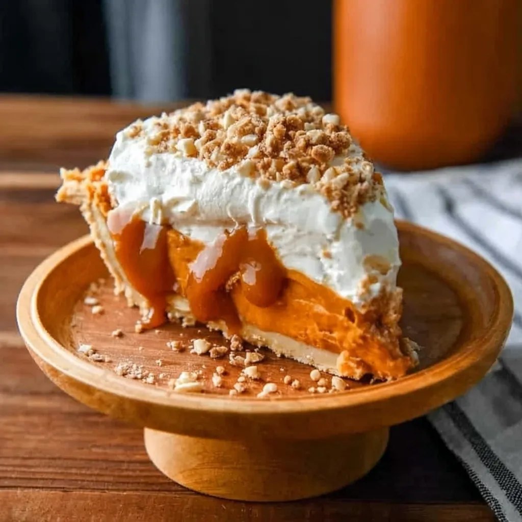 A slice of pie with caramel sauce on a wooden plate.