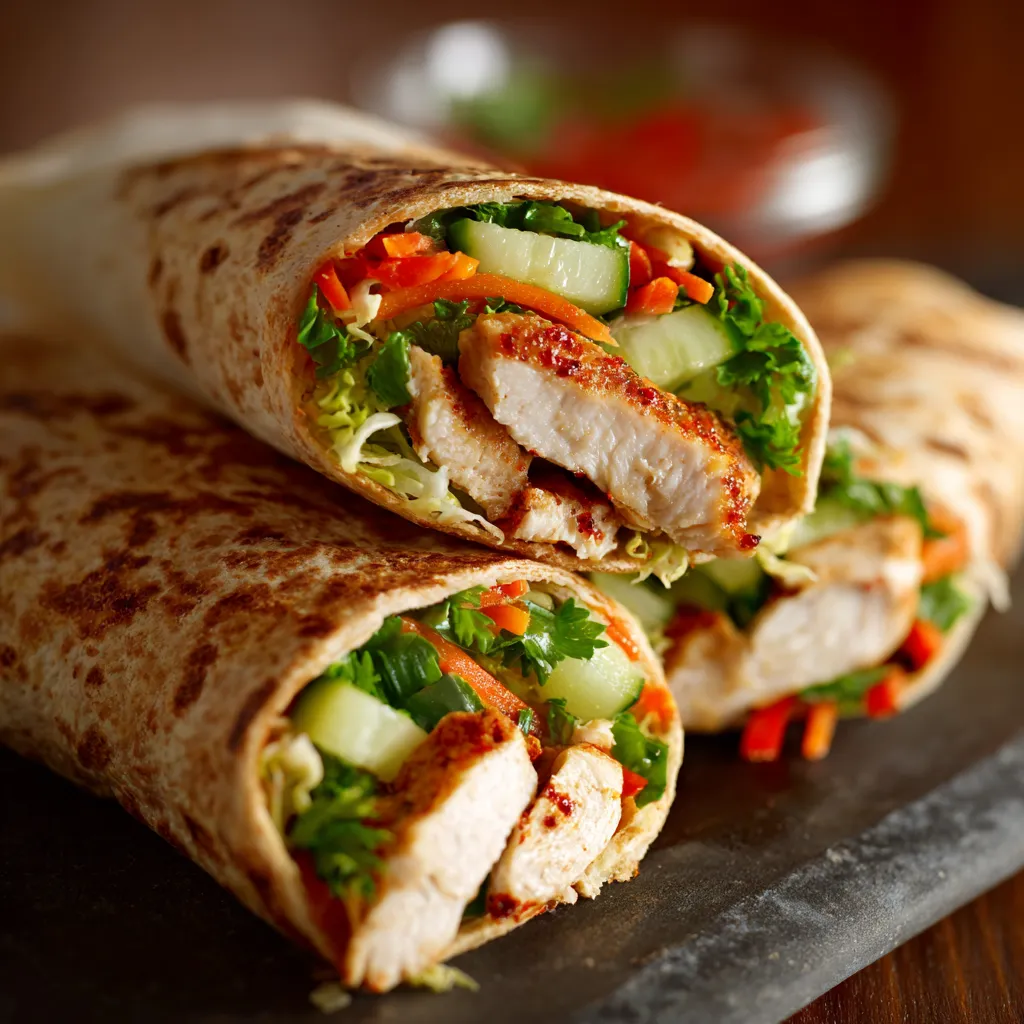 A chicken wrap with vegetables.