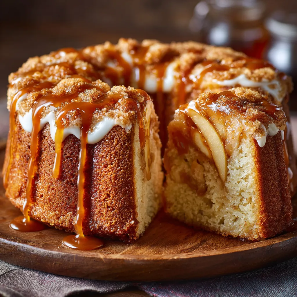 A cake with caramel drizzled on top.