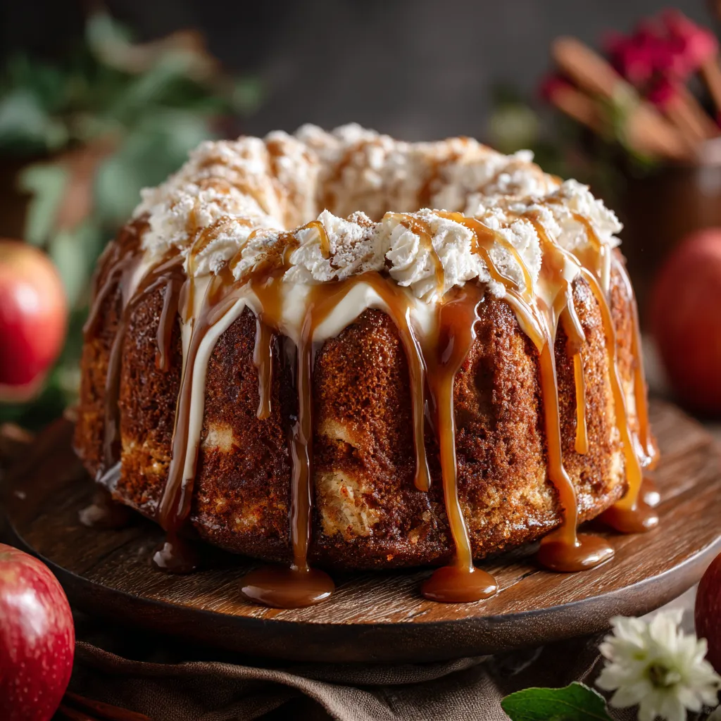 A cake with caramel drizzle on a wooden platter.
