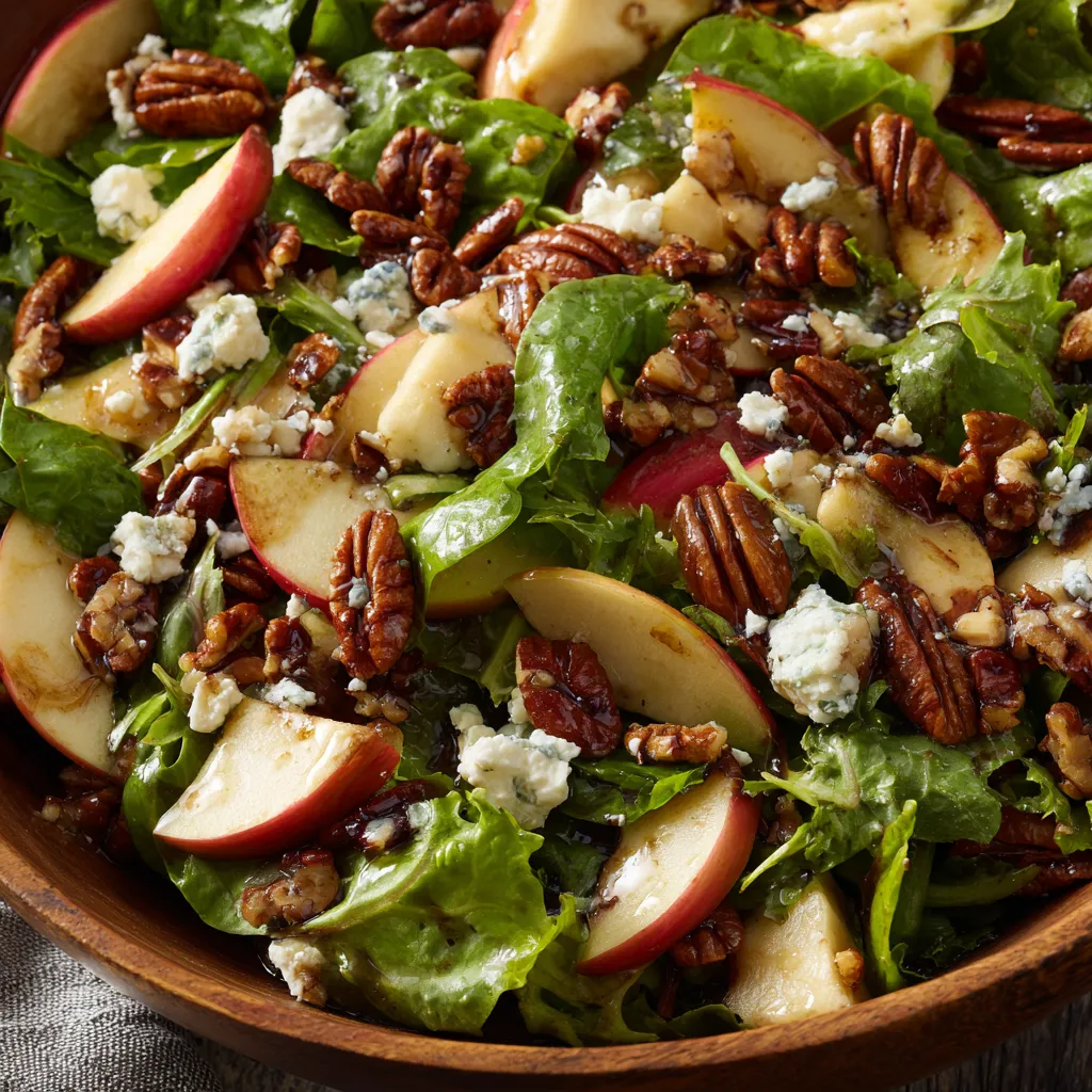 A bowl of salad with apples and pecans.