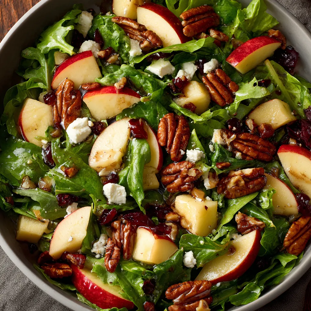 A bowl of salad with apples, walnuts, and blue cheese.