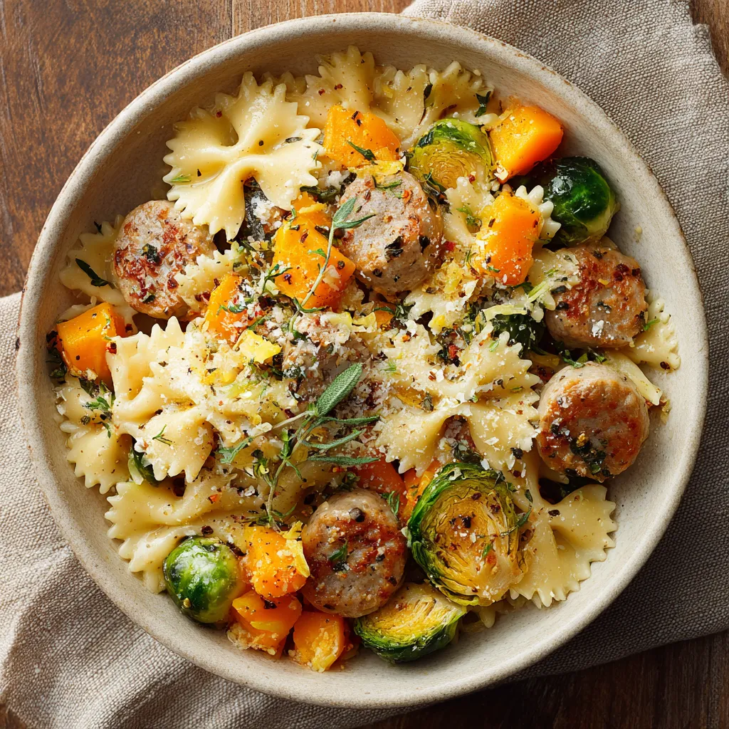 A bowl of pasta with sausage and vegetables.