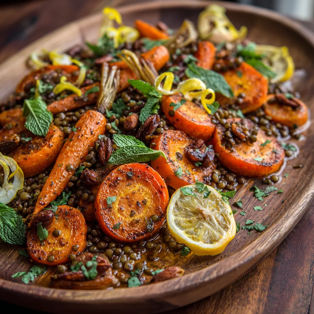 A wooden platter with a variety of vegetables.