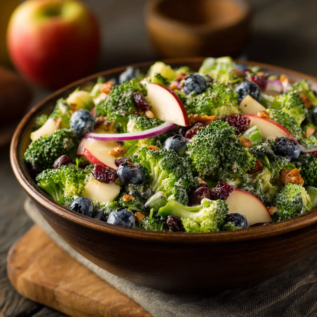 A bowl of salad with blueberries, apples, and broccoli.