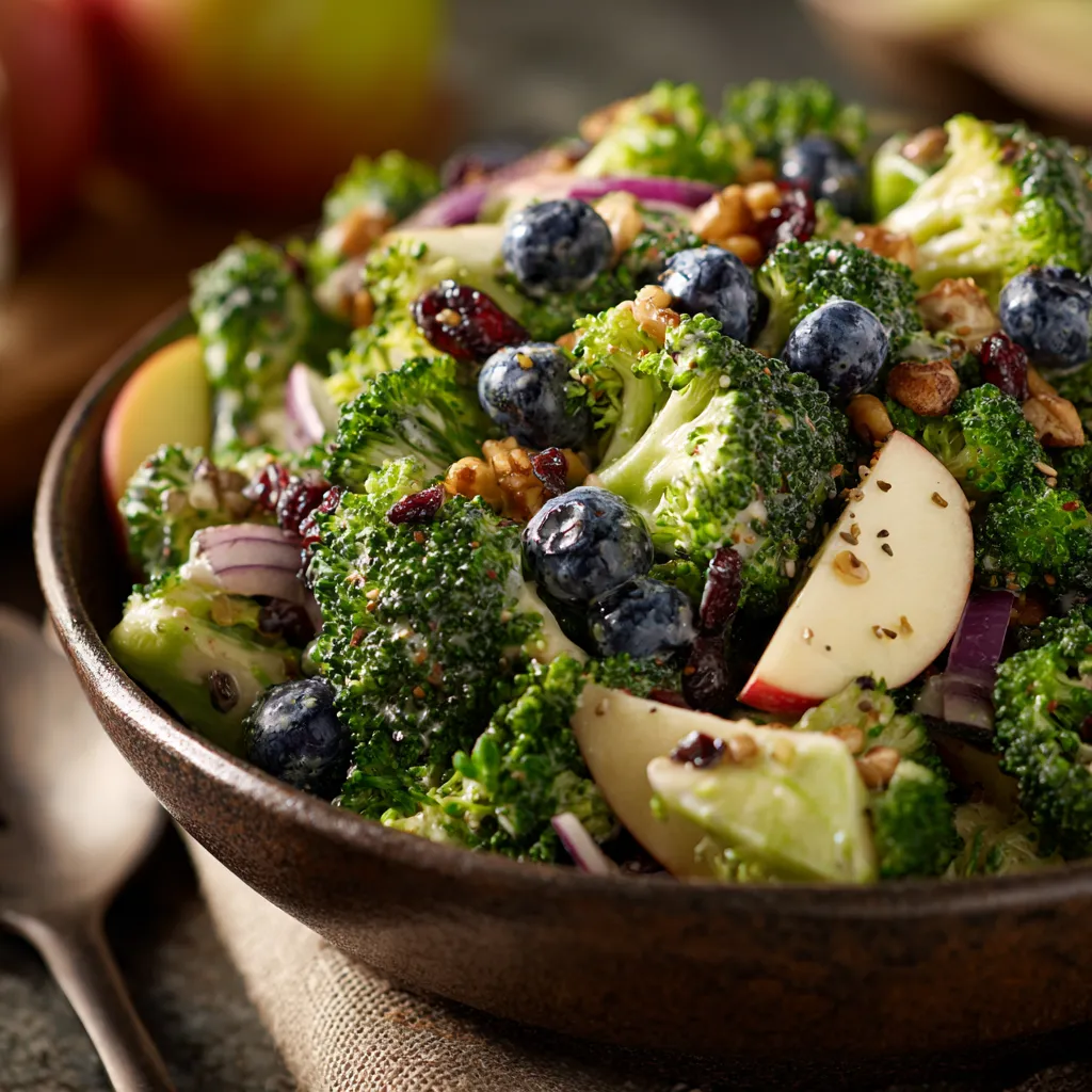 A bowl of broccoli and blueberries.