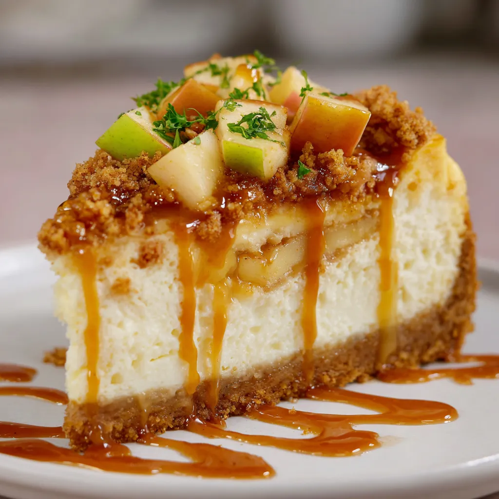 A slice of cheesecake with caramel drizzled on top.