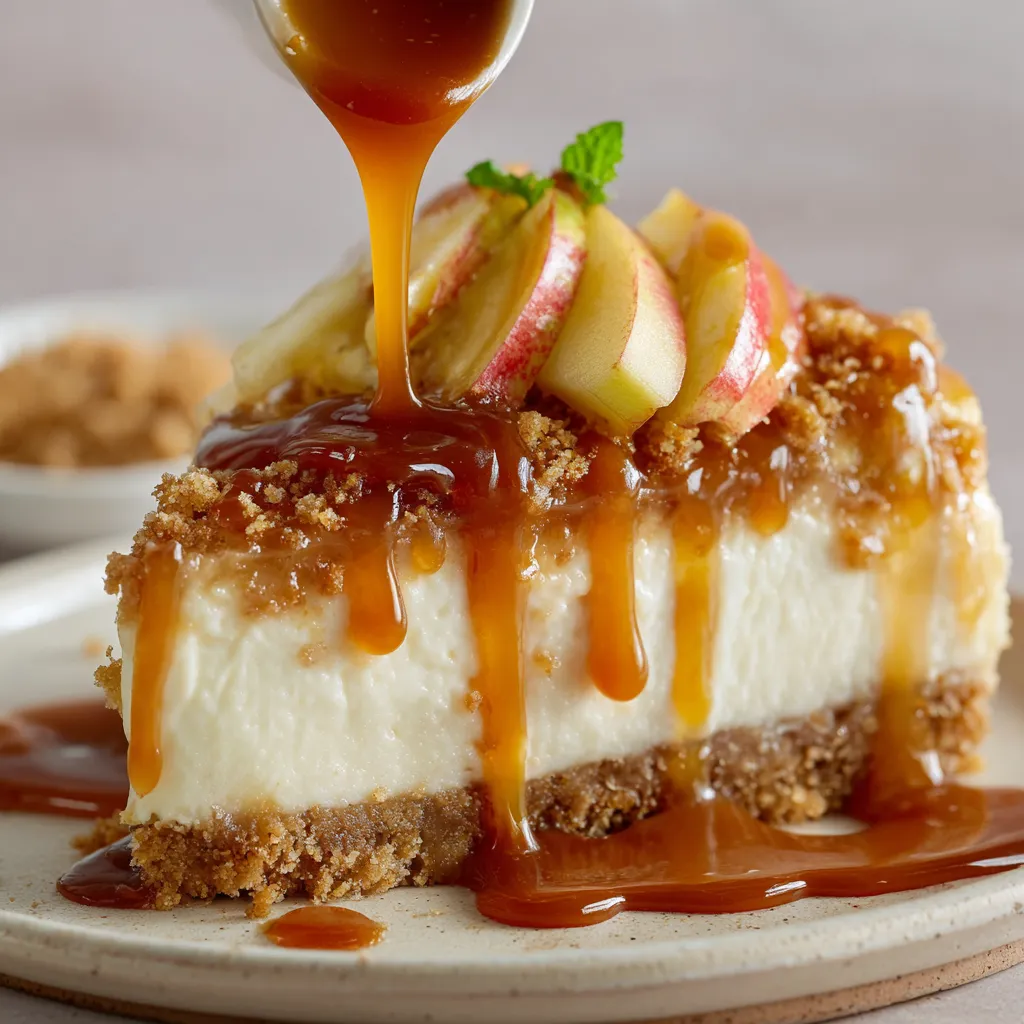 A slice of cheesecake with caramel drizzled on top.