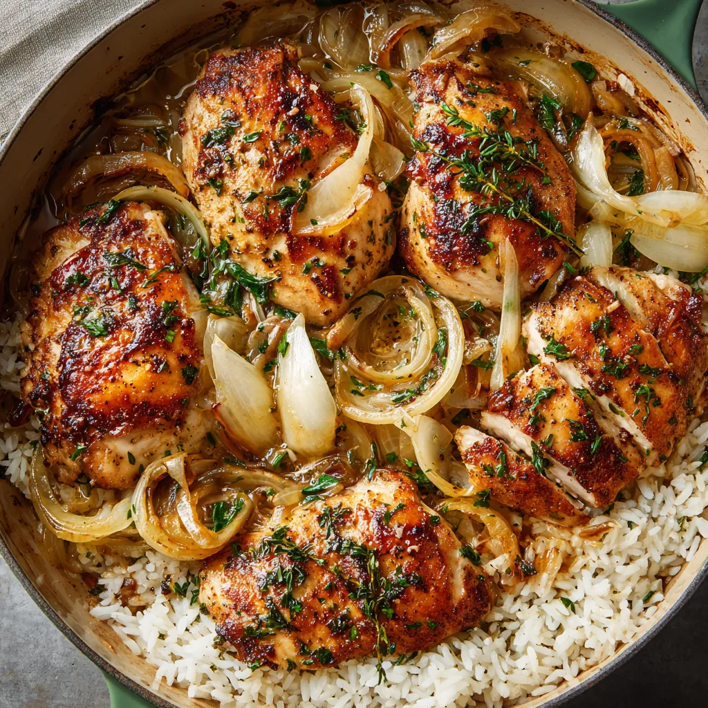A bowl of rice with chicken and onions.
