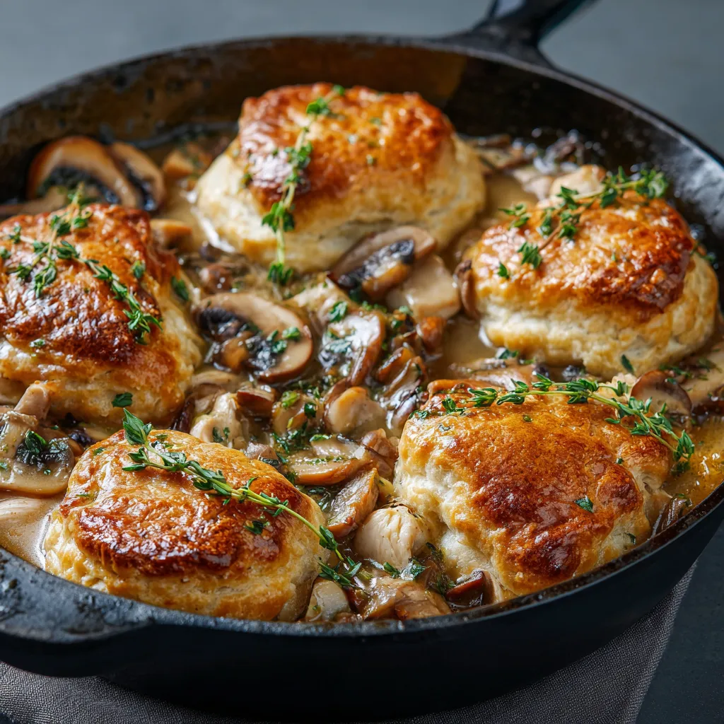 A pan of food with mushrooms and herbs.