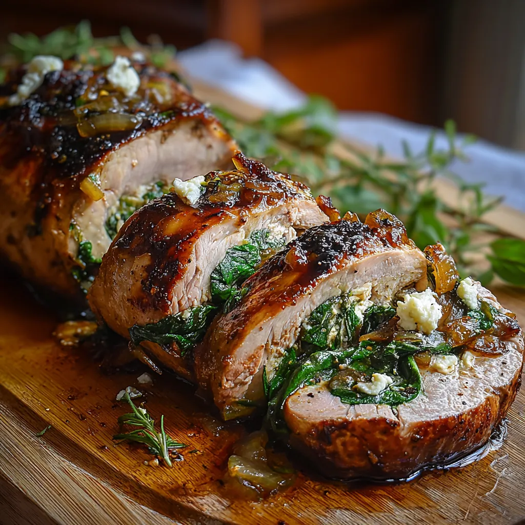 A piece of meat with onions and blue cheese on a wooden cutting board.