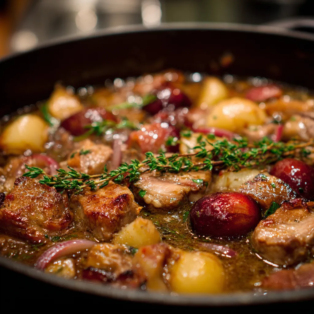 A pot of food with meat and potatoes.