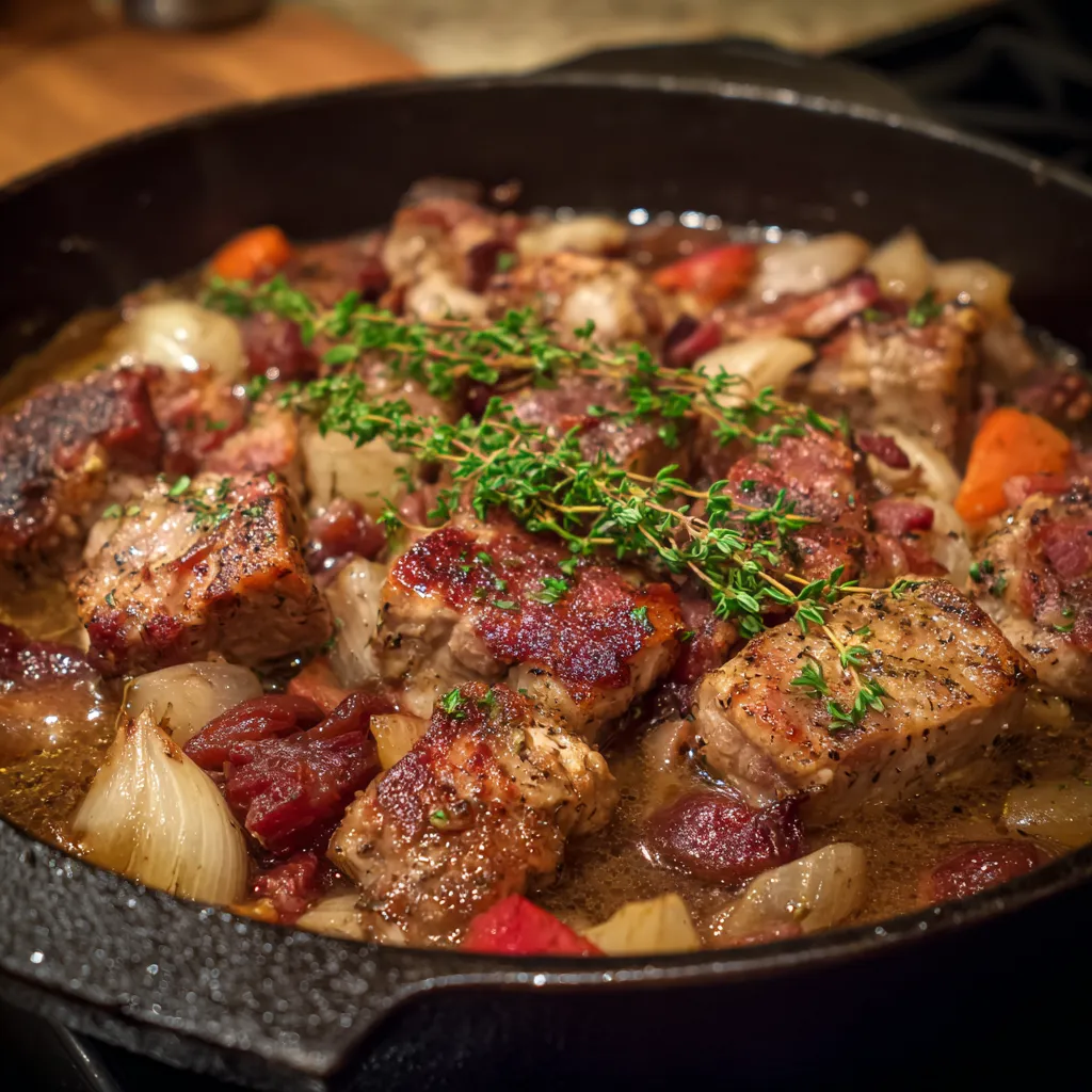 A pot of meat and vegetables on a stove.