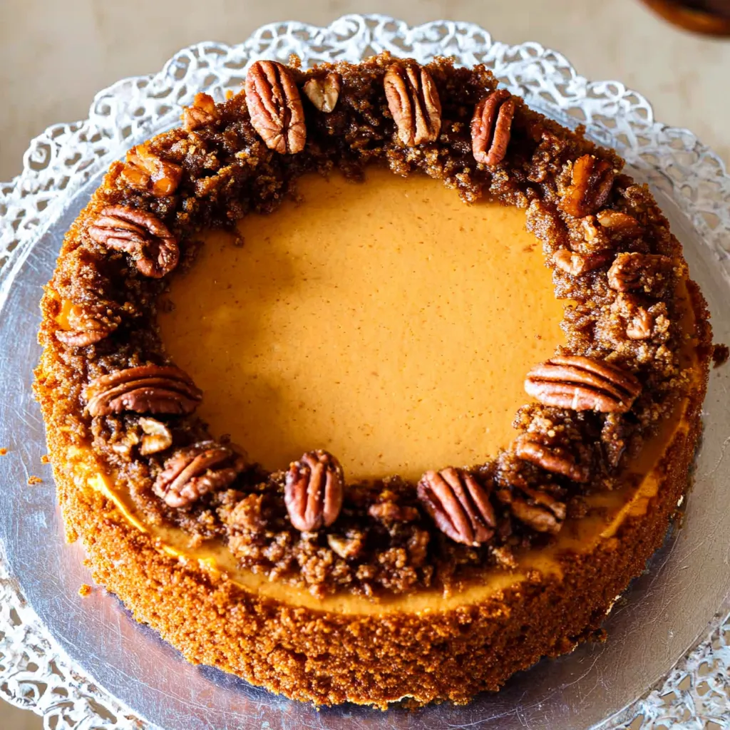 A slice of cake with pecans on top.