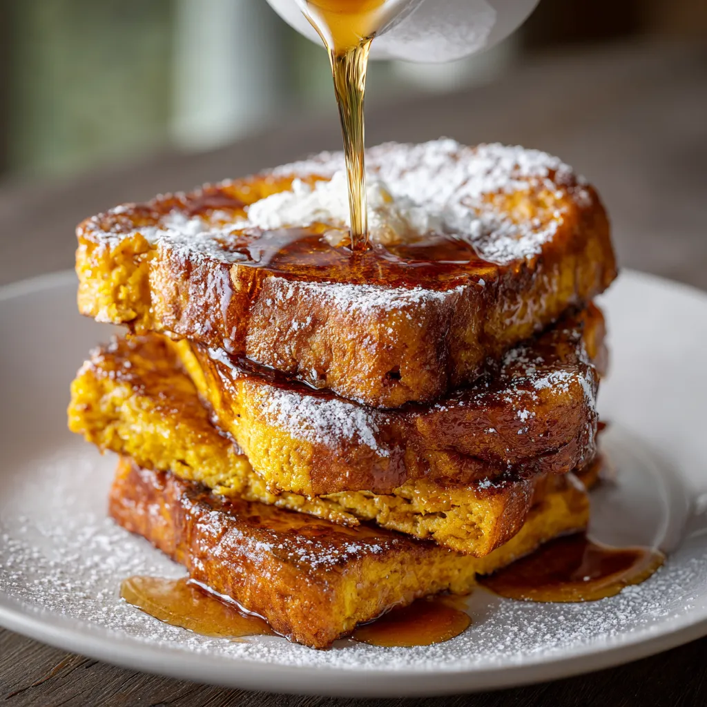 A stack of French toast with syrup drizzled on top.