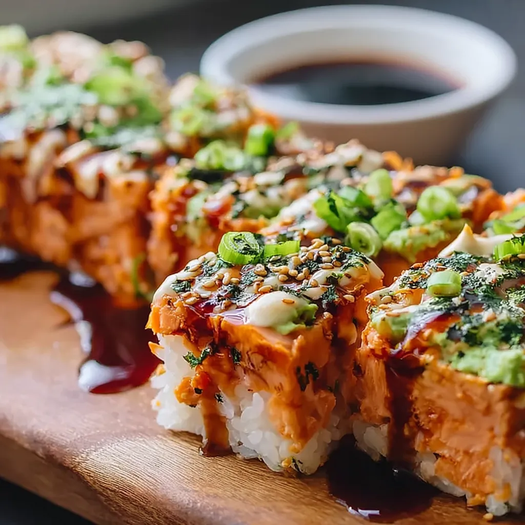 Sushi on a wooden tray.