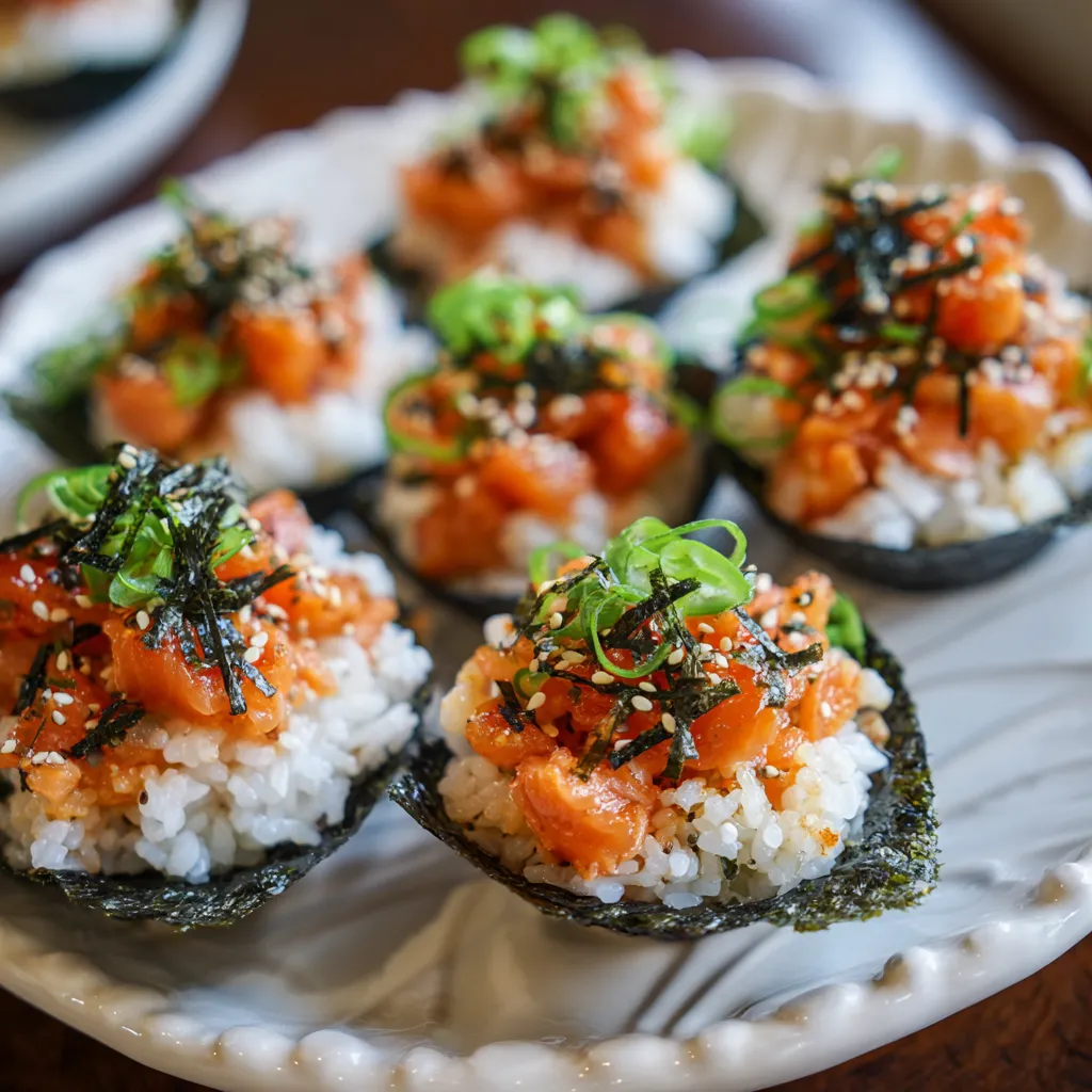 A plate of sushi with rice and seaweed.