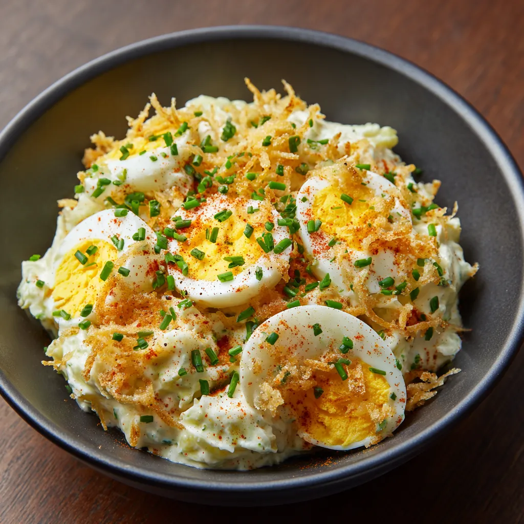 A bowl of food with eggs and potatoes.