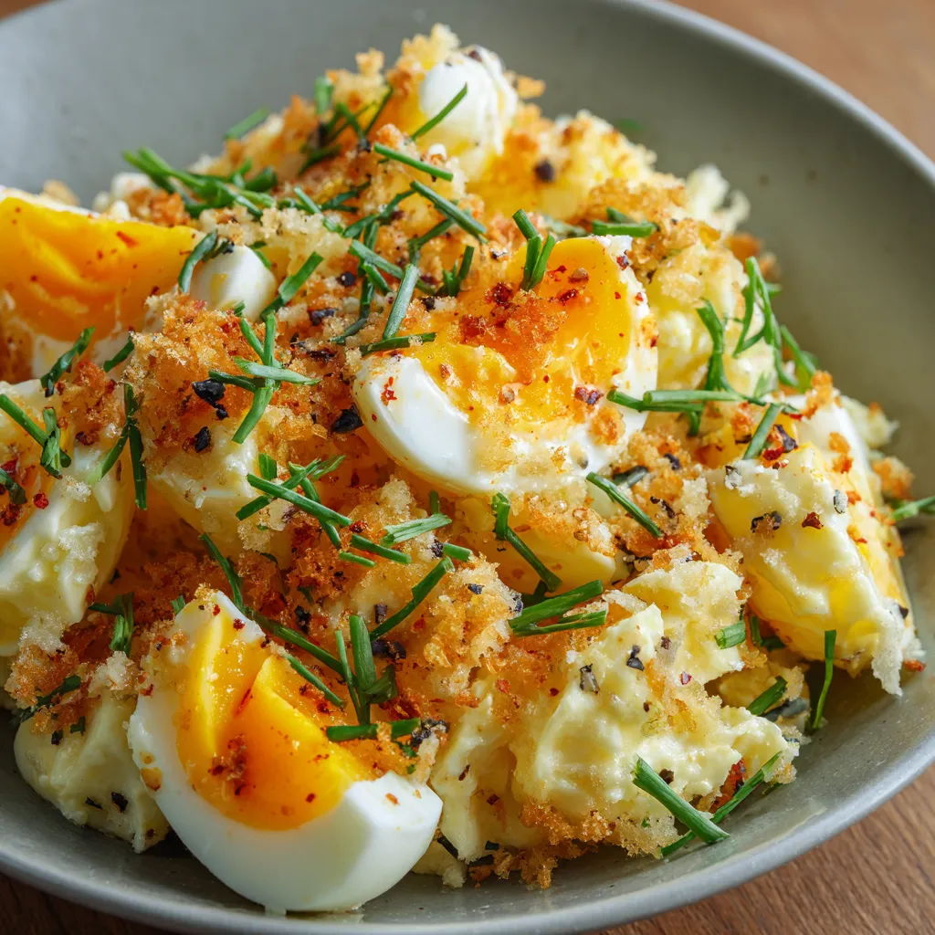 A bowl of food with eggs and vegetables.