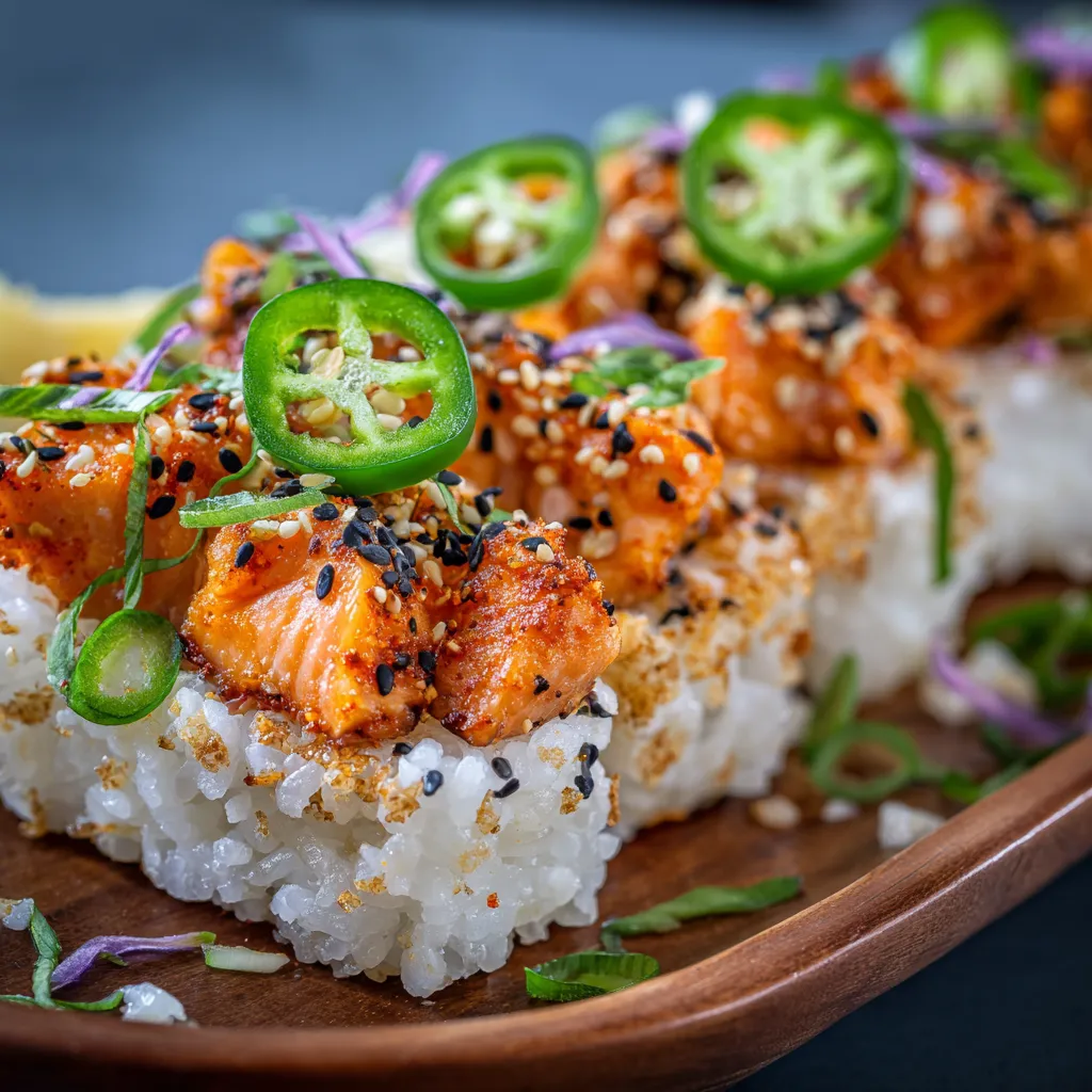 A plate of sushi with jalapenos on top.