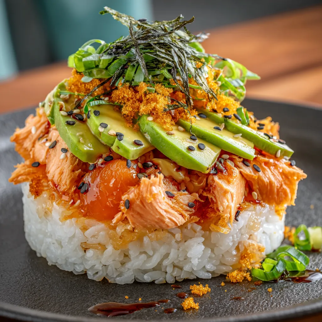 A plate of food with rice and fish.