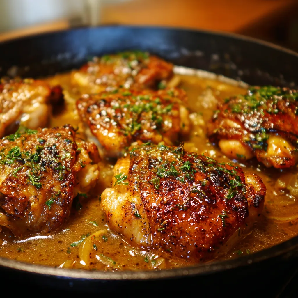 Chicken in a pan with sauce.