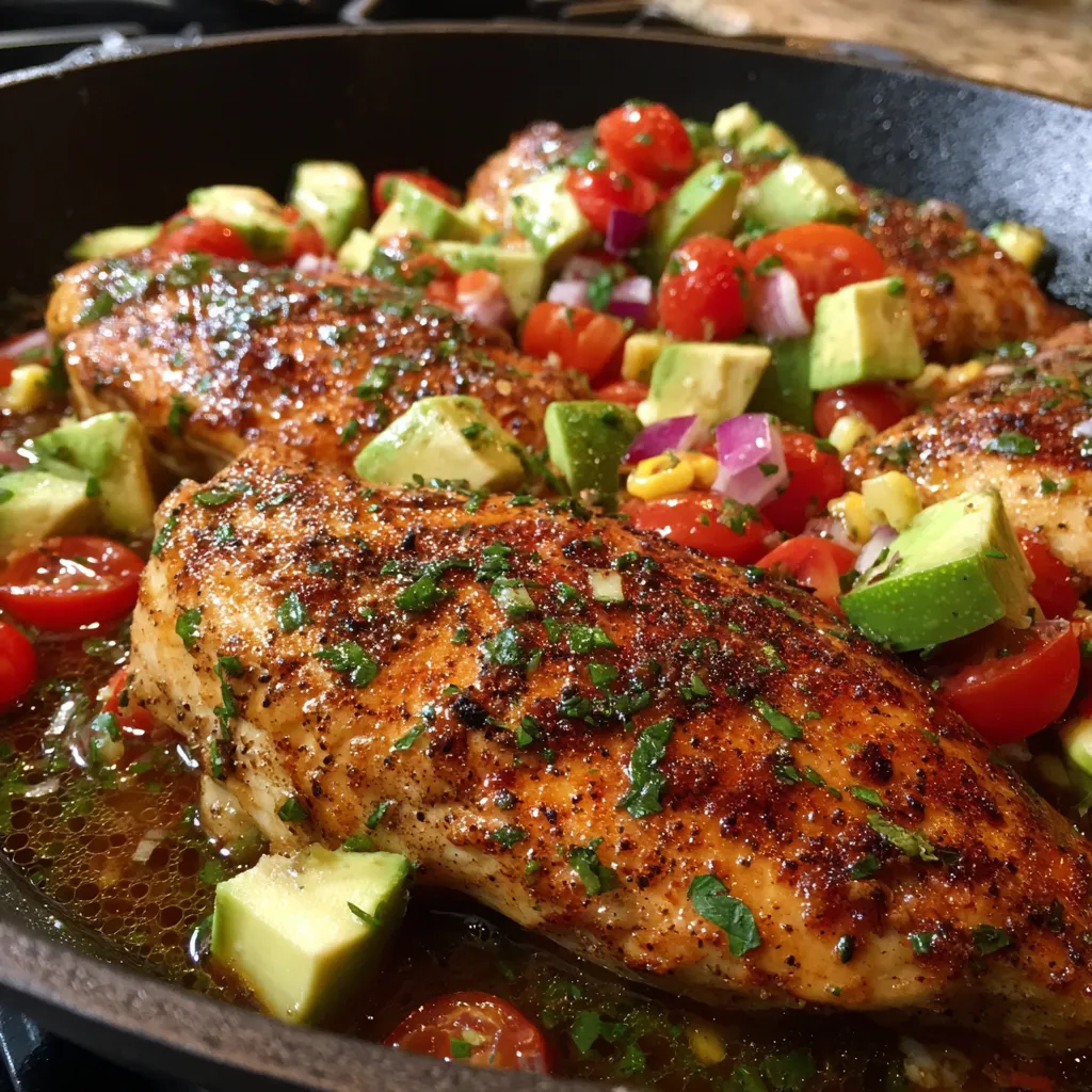 A pan of food with chicken, tomatoes, and avocado.