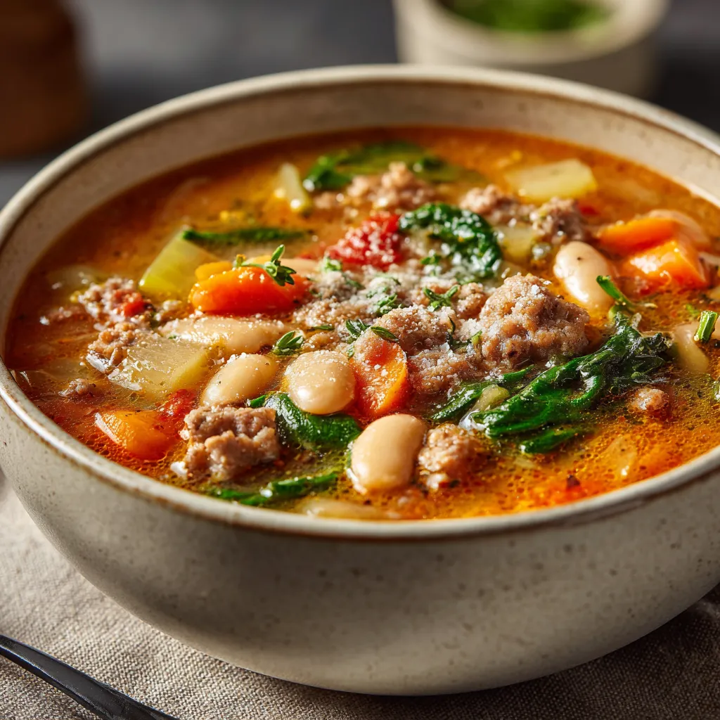 A bowl of soup with meat and vegetables.