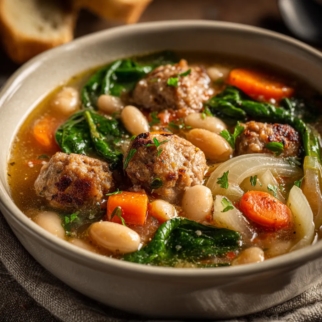 A bowl of soup with meatballs, beans, and greens.