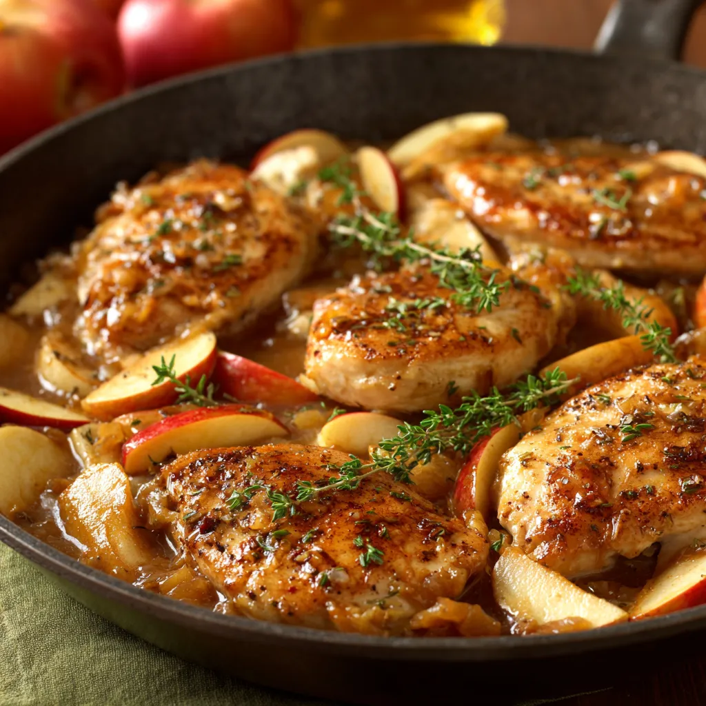 A pan of chicken with apples and herbs.