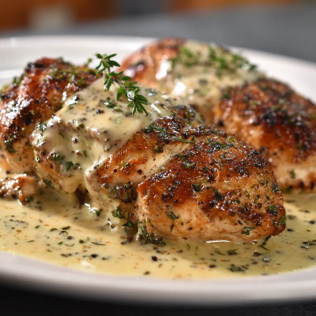 Chicken with sauce on a plate.