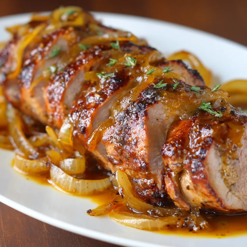 A plate of meat with onions on top.