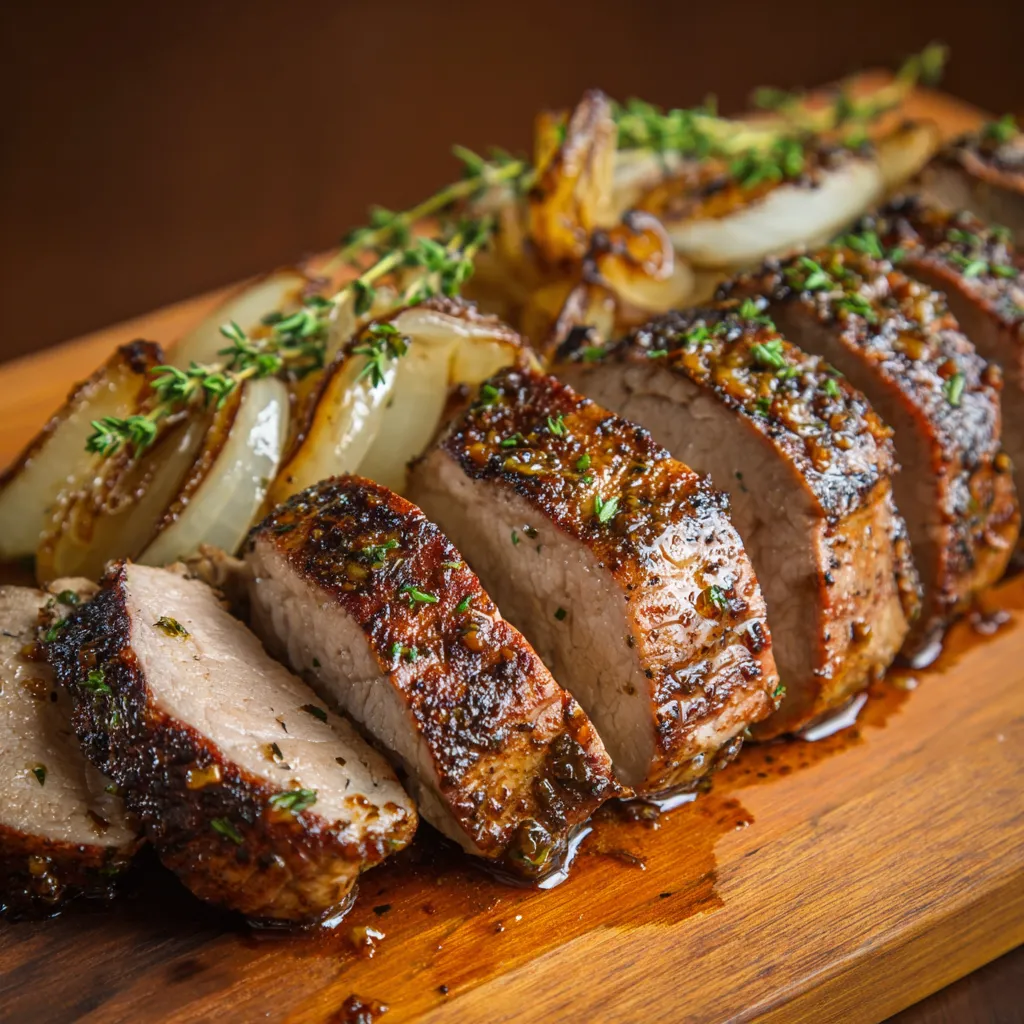 A plate of meat with onions and herbs.