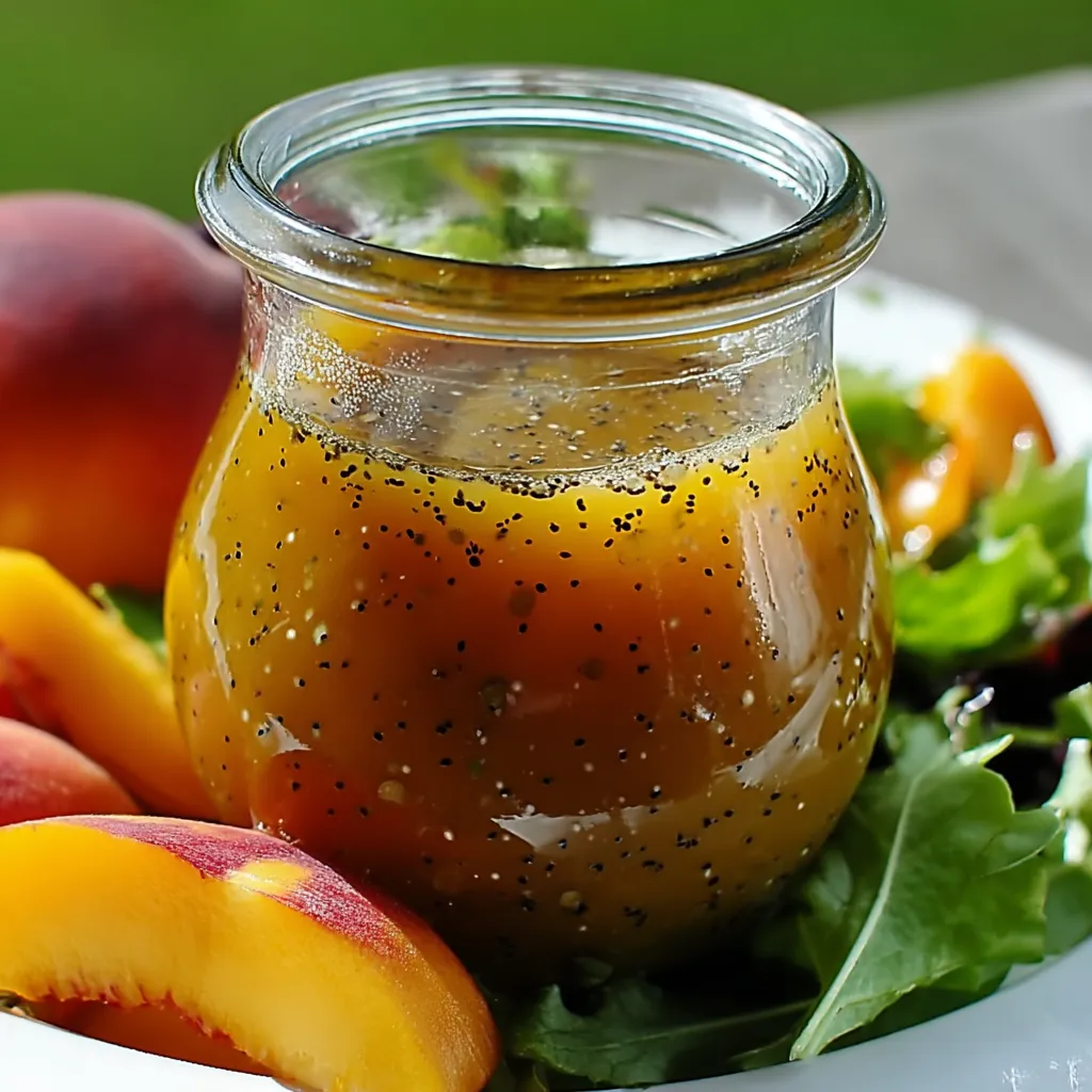 A jar of peach preserves on a plate with peaches.