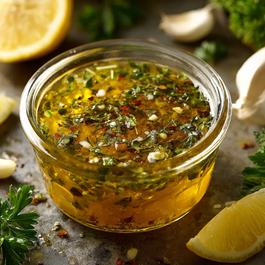 A glass jar of lemon juice with a lemon wedge on top.