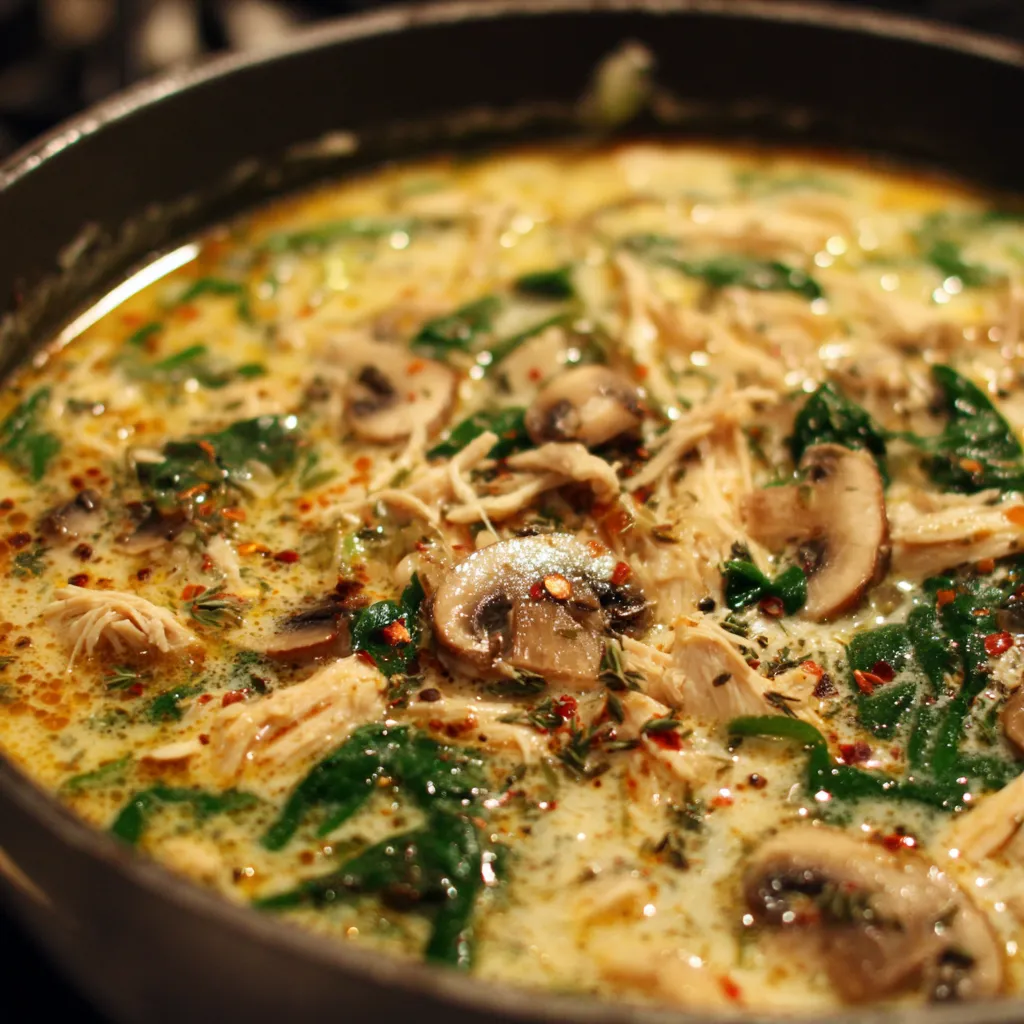A bowl of soup with mushrooms and chicken.