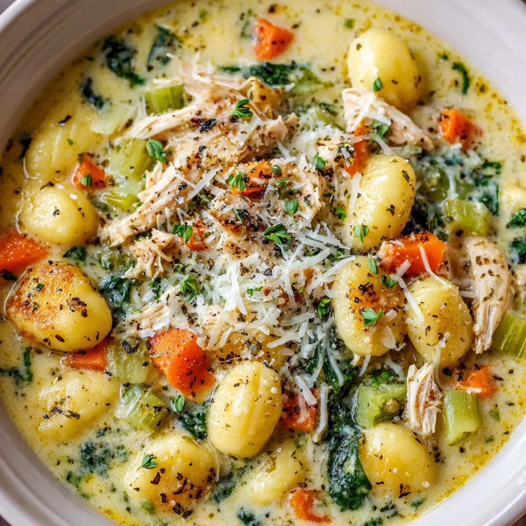 A bowl of soup with chicken, potatoes, and broccoli.